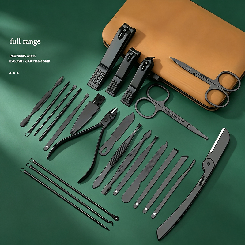 Mens Grooming Kit Case - 24 Parça Manikür Pedikür Seti, Kahverengi